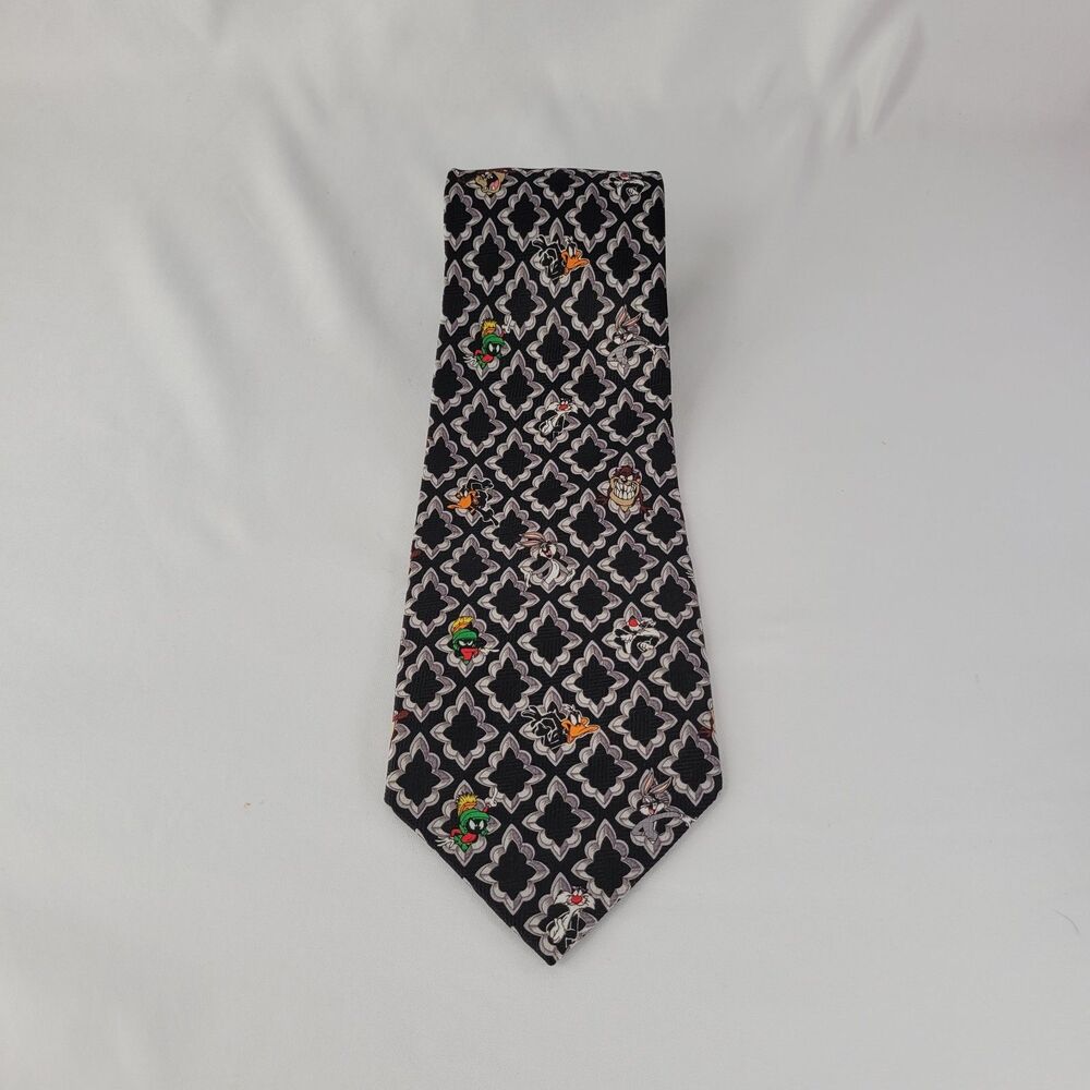 Vintage Looney Tunes Neck Tie Y2K Retro 2001 Bugs Bunny Taz Daffy Marvin Black